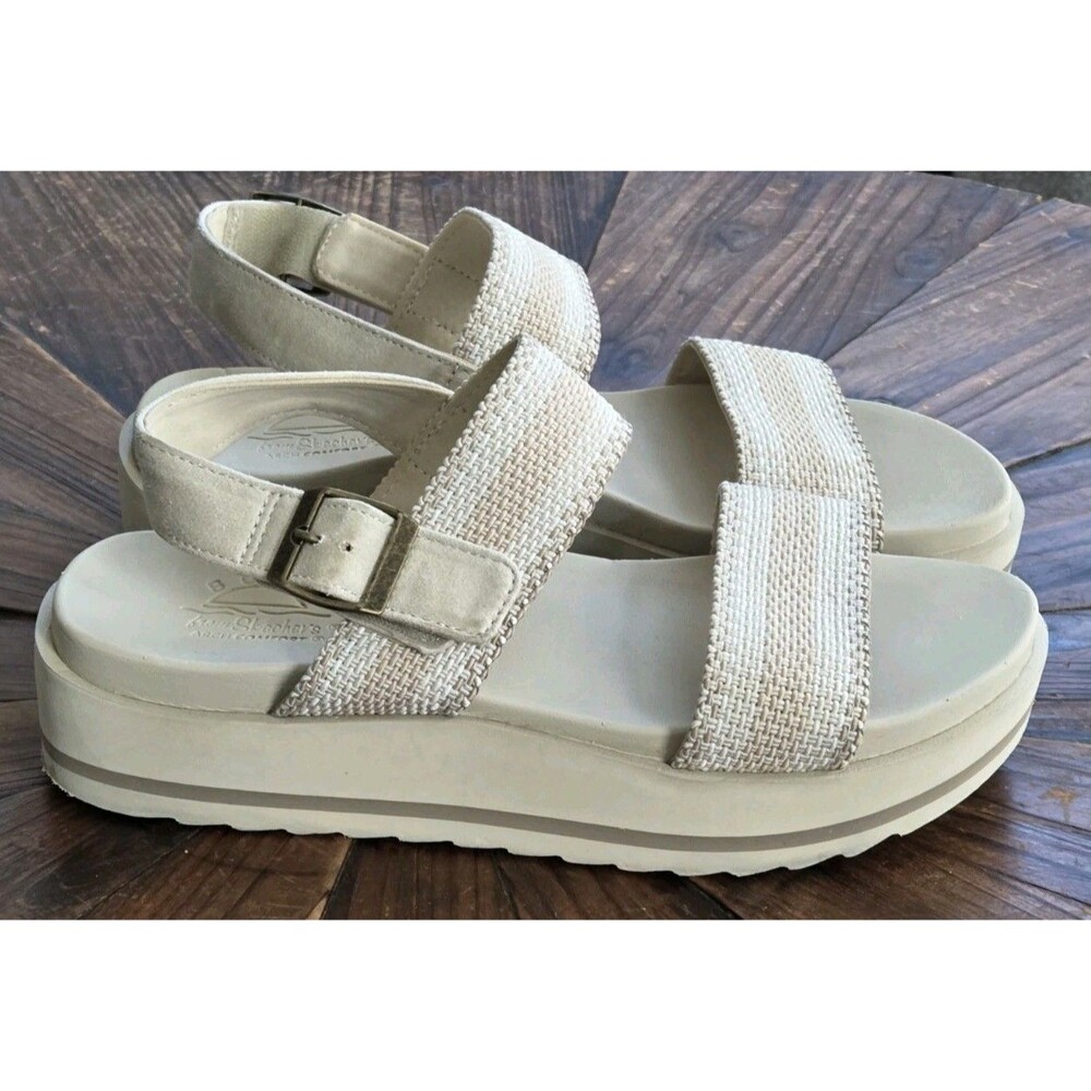 Skechers BOBS Desert Kiss Neutral Textile Platform Sandals - Size 8